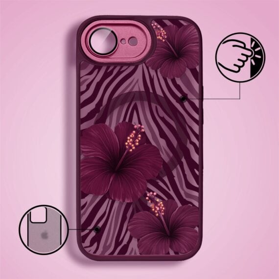Etui do iPhone 16e, Color Flush z Magsafe, z osłoną aparatu, egzotyczny hibiskus, wiśniowe (4)
