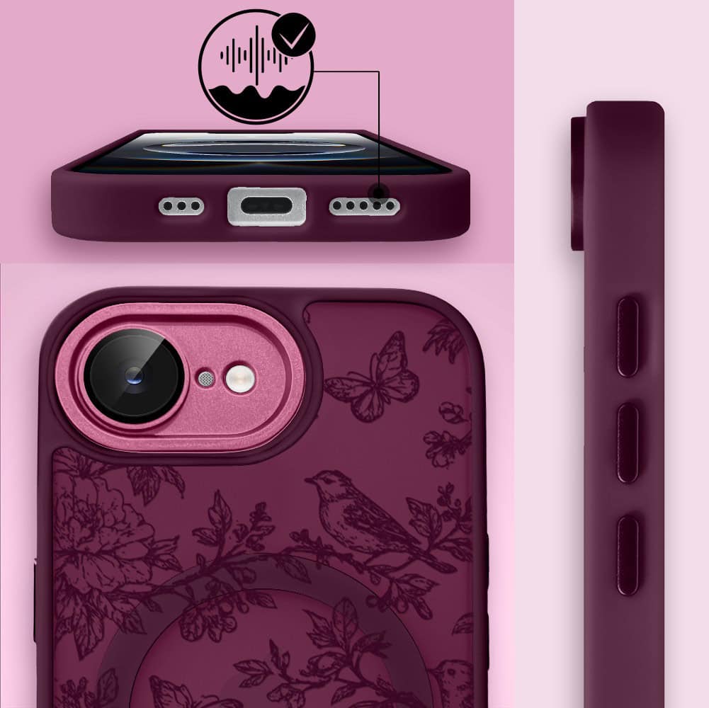 Etui do iPhone 16e, Color Flush z Magsafe, z osłoną aparatu, nocna botanika, wiśniowe (1)