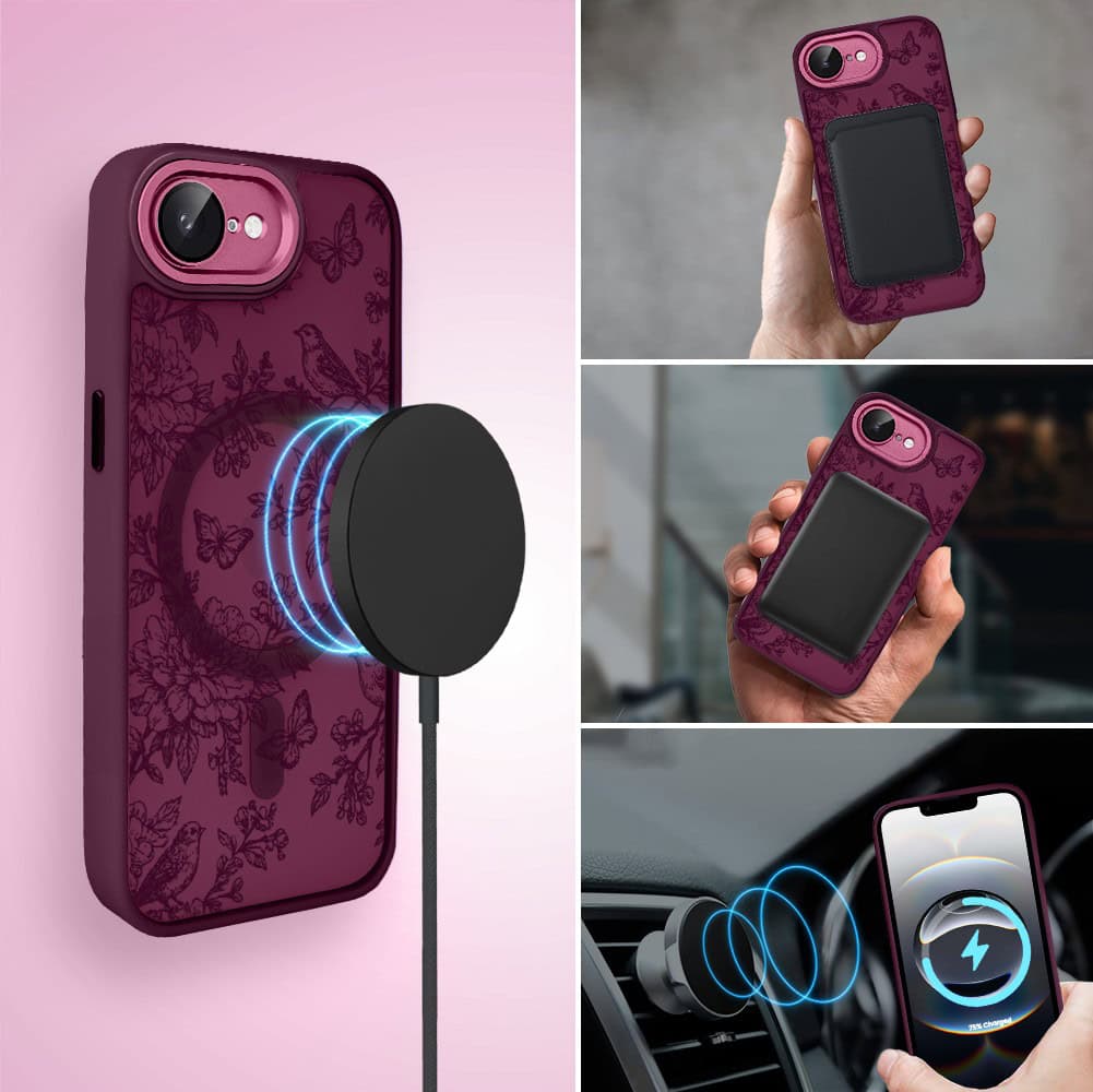 Etui do iPhone 16e, Color Flush z Magsafe, z osłoną aparatu, nocna botanika, wiśniowe (4)