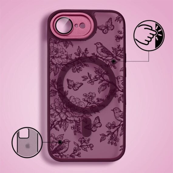 Etui do iPhone 16e, Color Flush z Magsafe, z osłoną aparatu, nocna botanika, wiśniowe (5)