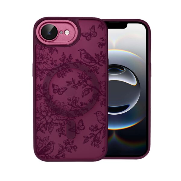 Etui do iPhone 16e, Color Flush z Magsafe, z osłoną aparatu, nocna botanika, burgundowe
