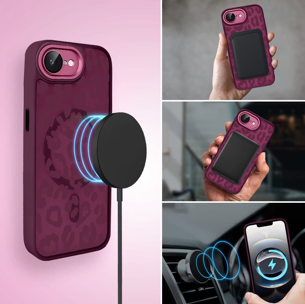Etui do iPhone 16e, Color Flush z Magsafe, z osłoną aparatu, subtelna panterka, wiśniowe (1)
