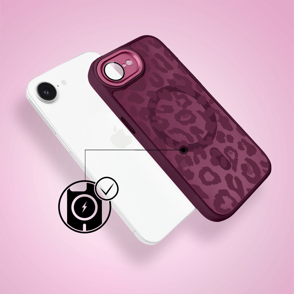 Etui do iPhone 16e, Color Flush z Magsafe, z osłoną aparatu, subtelna panterka, wiśniowe (2)