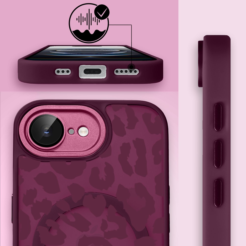 Etui do iPhone 16e, Color Flush z Magsafe, z osłoną aparatu, subtelna panterka, wiśniowe (6)