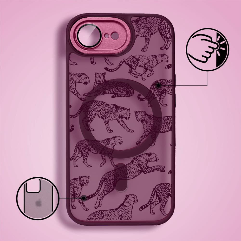 Etui do iPhone 16e, Color Flush z Magsafe, z osłoną aparatu, wesołe gepardy, wiśniowe (1)