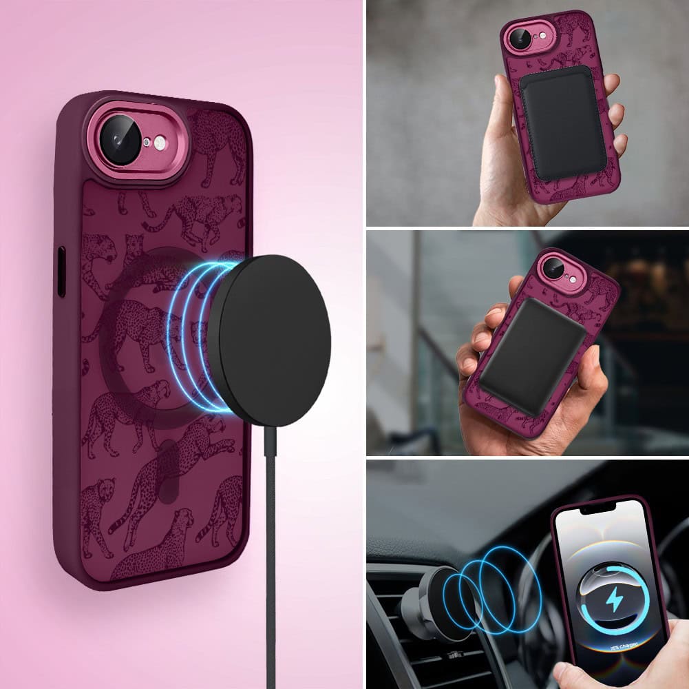 Etui do iPhone 16e, Color Flush z Magsafe, z osłoną aparatu, wesołe gepardy, wiśniowe (2)