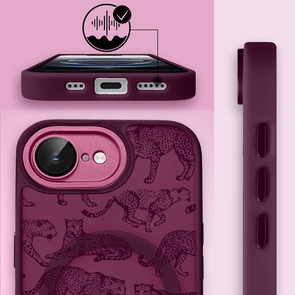 Etui do iPhone 16e, Color Flush z Magsafe, z osłoną aparatu, wesołe gepardy, wiśniowe (7)