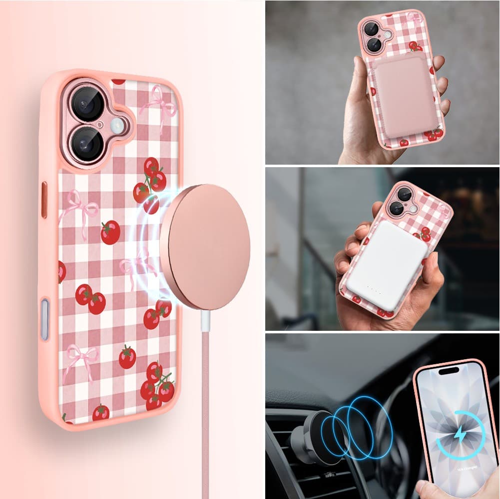 Etui do iPhone 17 Color Flush z MagSafe, z osłoną aparatu, kratka pomodoro, różowe (7)