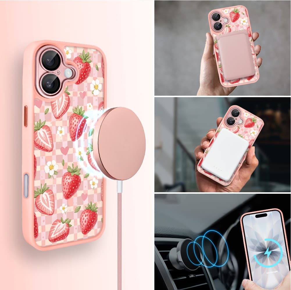 Etui do iPhone 17 Color Flush z MagSafe, z osłoną aparatu, truskawkowy piknik, różowe (7)