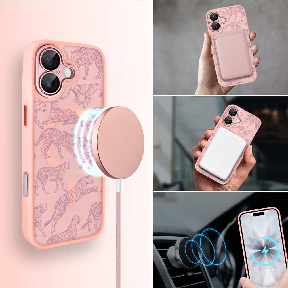 Etui do iPhone 17 Color Flush z MagSafe, z osłoną aparatu, wesołe gepardy, różowe (1)