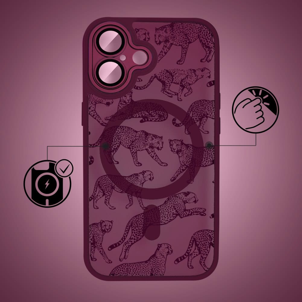 Etui do iPhone 17, Color Flush z Magsafe, z osłoną aparatu, wesołe gepardy, wiśniowe (1)