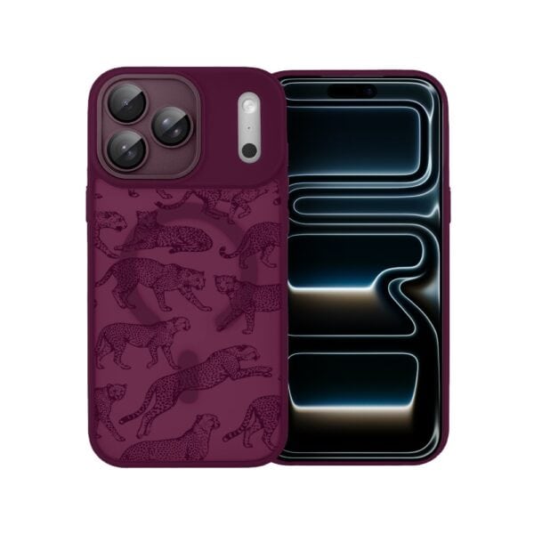Etui do iPhone 17 Pro Max, Color Flush z Magsafe, z osłoną aparatu, wesołe gepardy, burgundowe