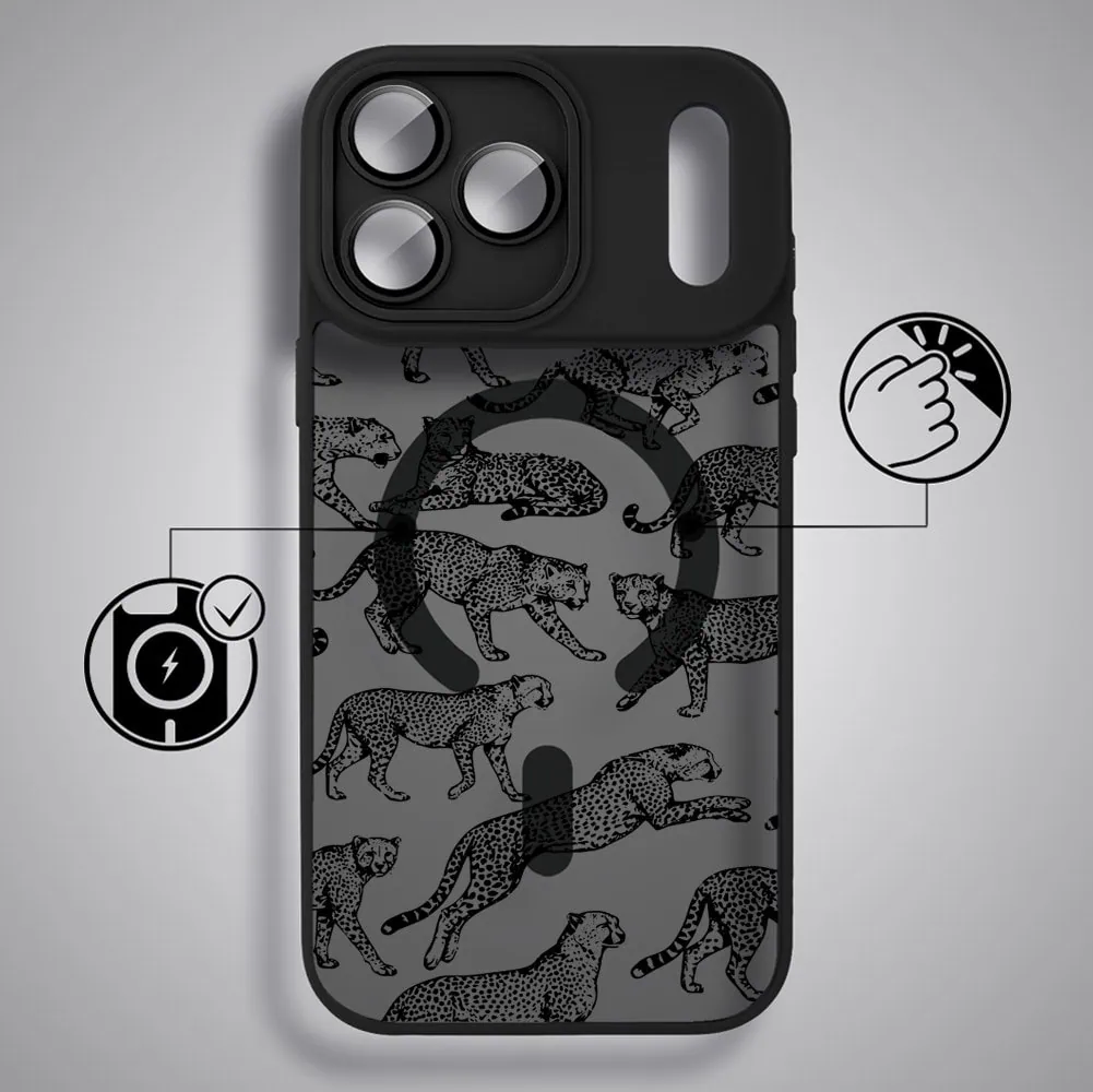 Etui do iPhone 17 Pro Max Color Flush z MagSafe, z osłoną aparatu, wesołe gepardy, czarne (5)