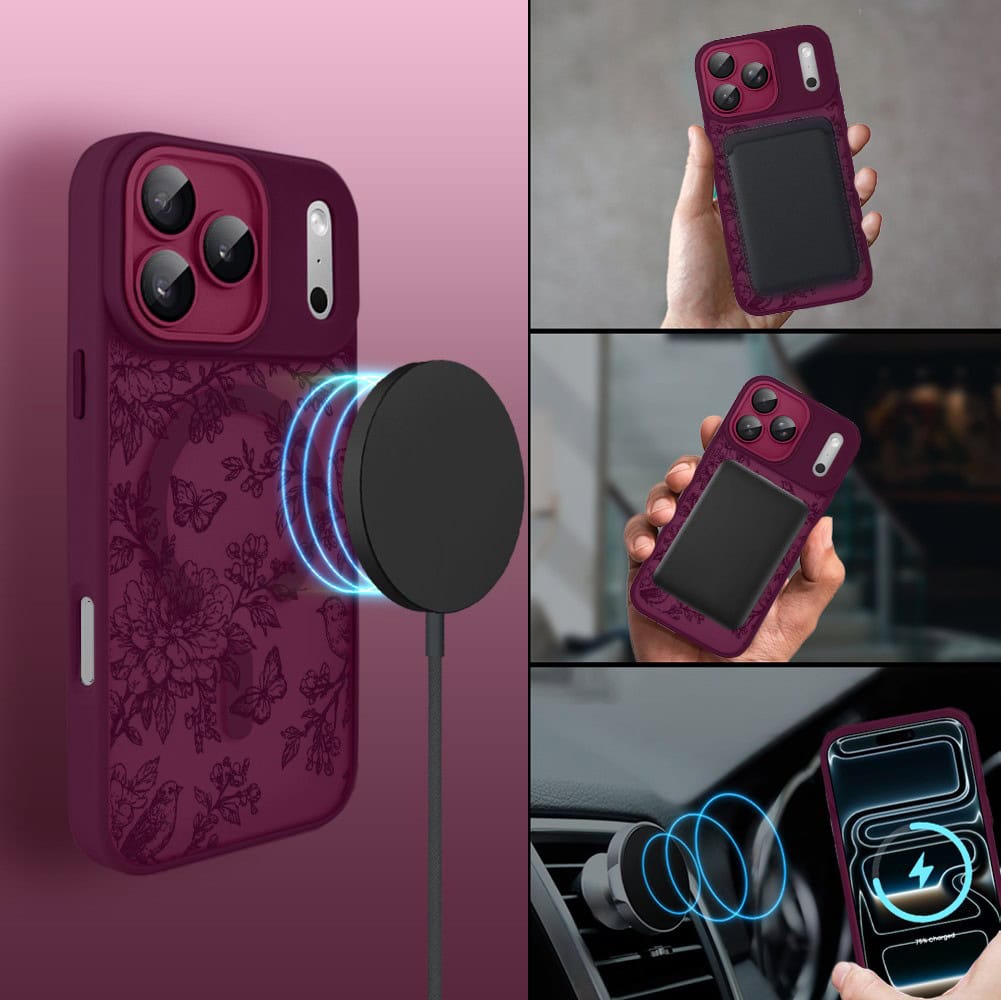 Etui do iPhone 17 Pro Max, Color Flush z Magsafe, z osłoną aparatu, nocna botanika, wiśniowe (3)