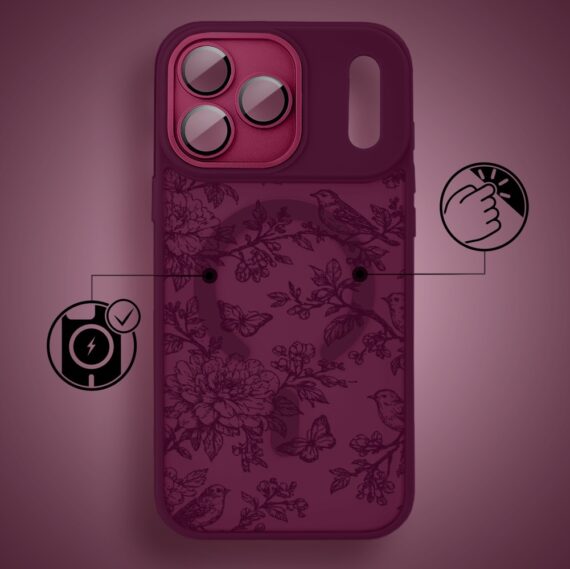 Etui do iPhone 17 Pro Max, Color Flush z Magsafe, z osłoną aparatu, nocna botanika, wiśniowe (4)