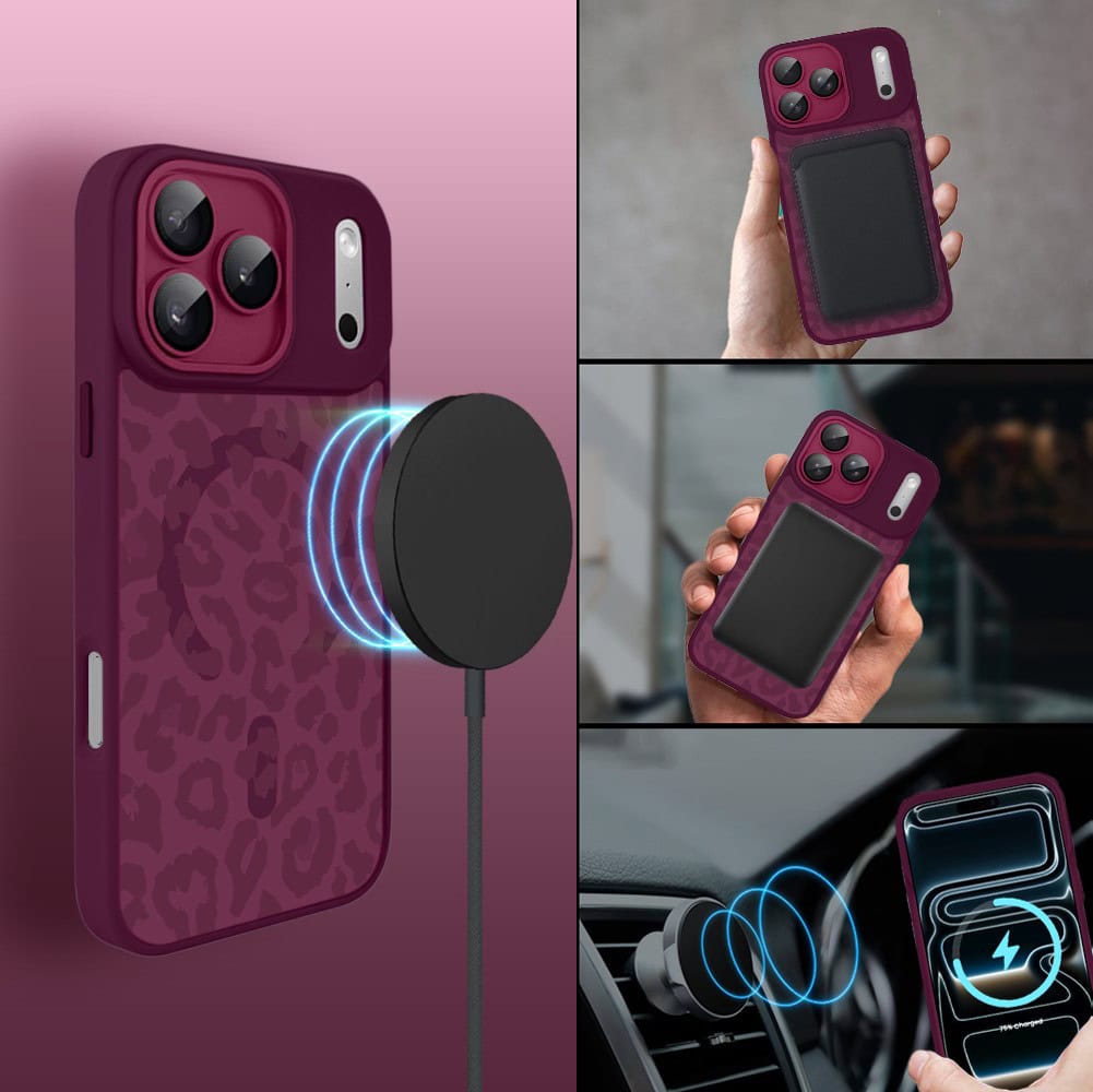 Etui do iPhone 17 Pro Max, Color Flush z Magsafe, z osłoną aparatu, subtelna panterka, wiśniowe (4)