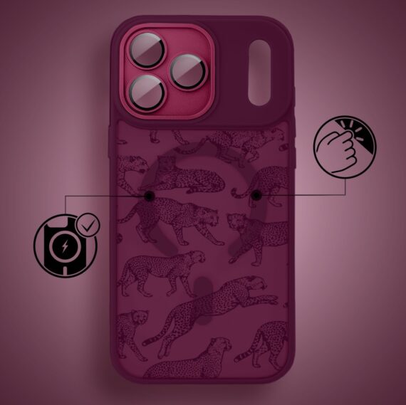 Etui do iPhone 17 Pro Max, Color Flush z Magsafe, z osłoną aparatu, wesołe gepardy, wiśniowe (5)