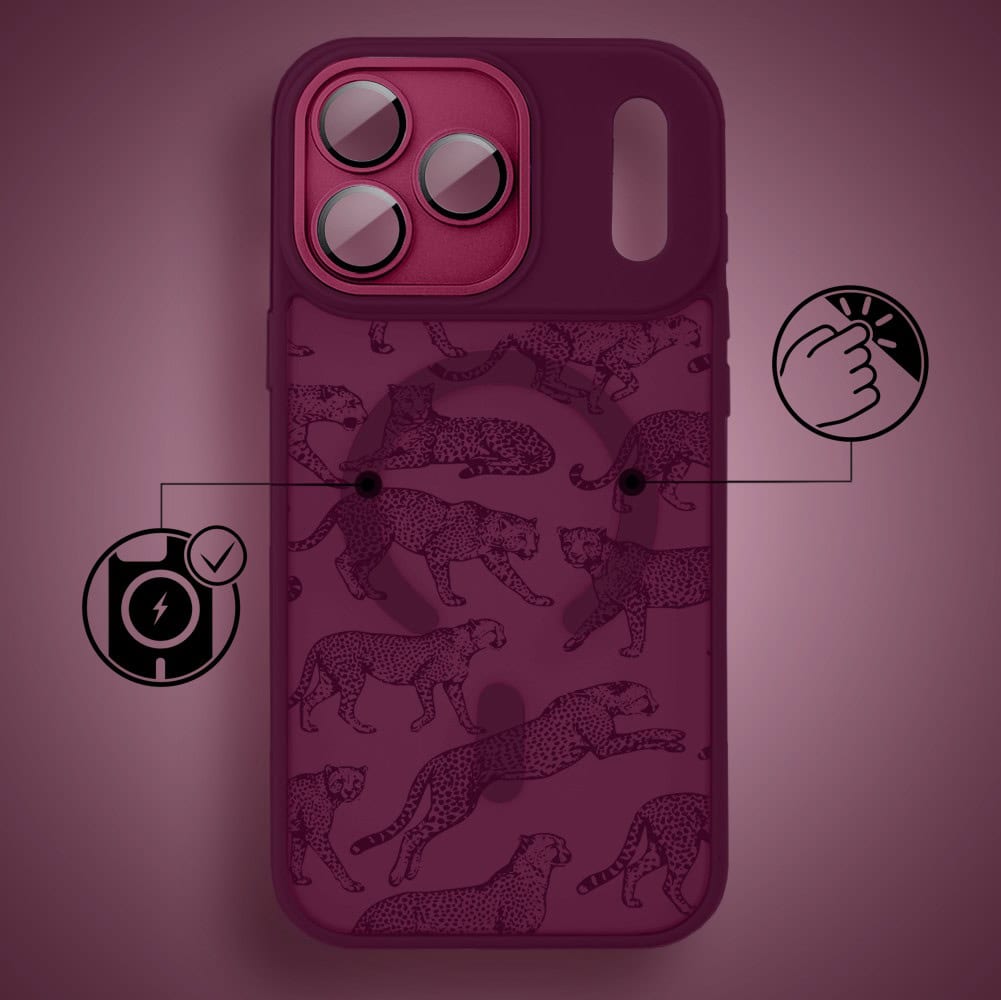 Etui do iPhone 17 Pro Max, Color Flush z Magsafe, z osłoną aparatu, wesołe gepardy, wiśniowe (5)