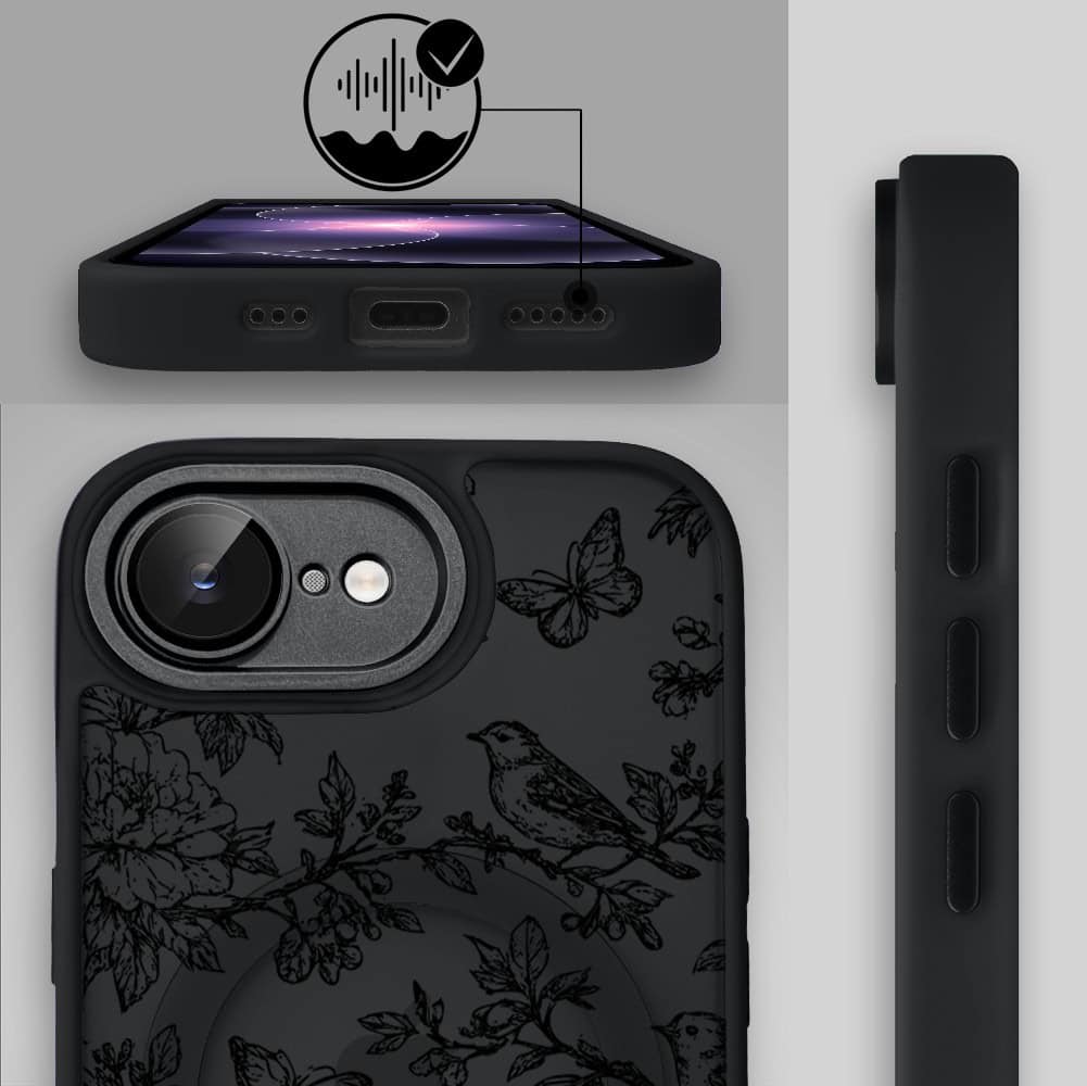 Etui do iPhone 17e Color Flush z MagSafe, z osłoną aparatu, nocna botanika, czarne (2)