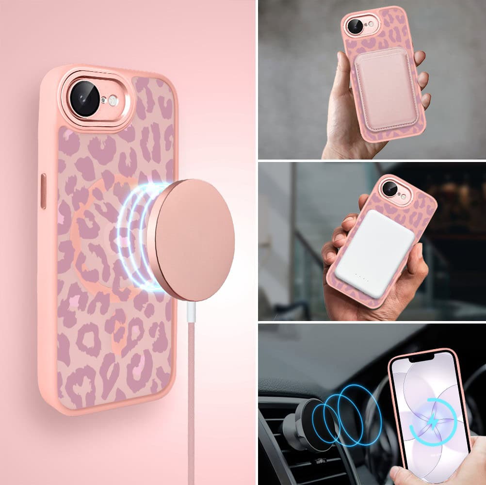 Etui do iPhone 17e Color Flush z MagSafe, z osłoną aparatu, subtelna panterka, różowe (6)