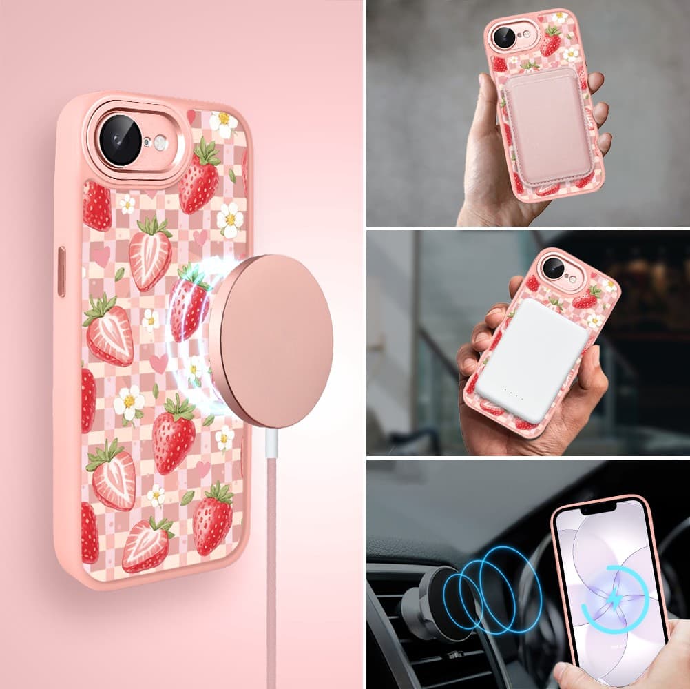 Etui do iPhone 17e Color Flush z MagSafe, z osłoną aparatu, truskawkowy piknik, różowe (1)