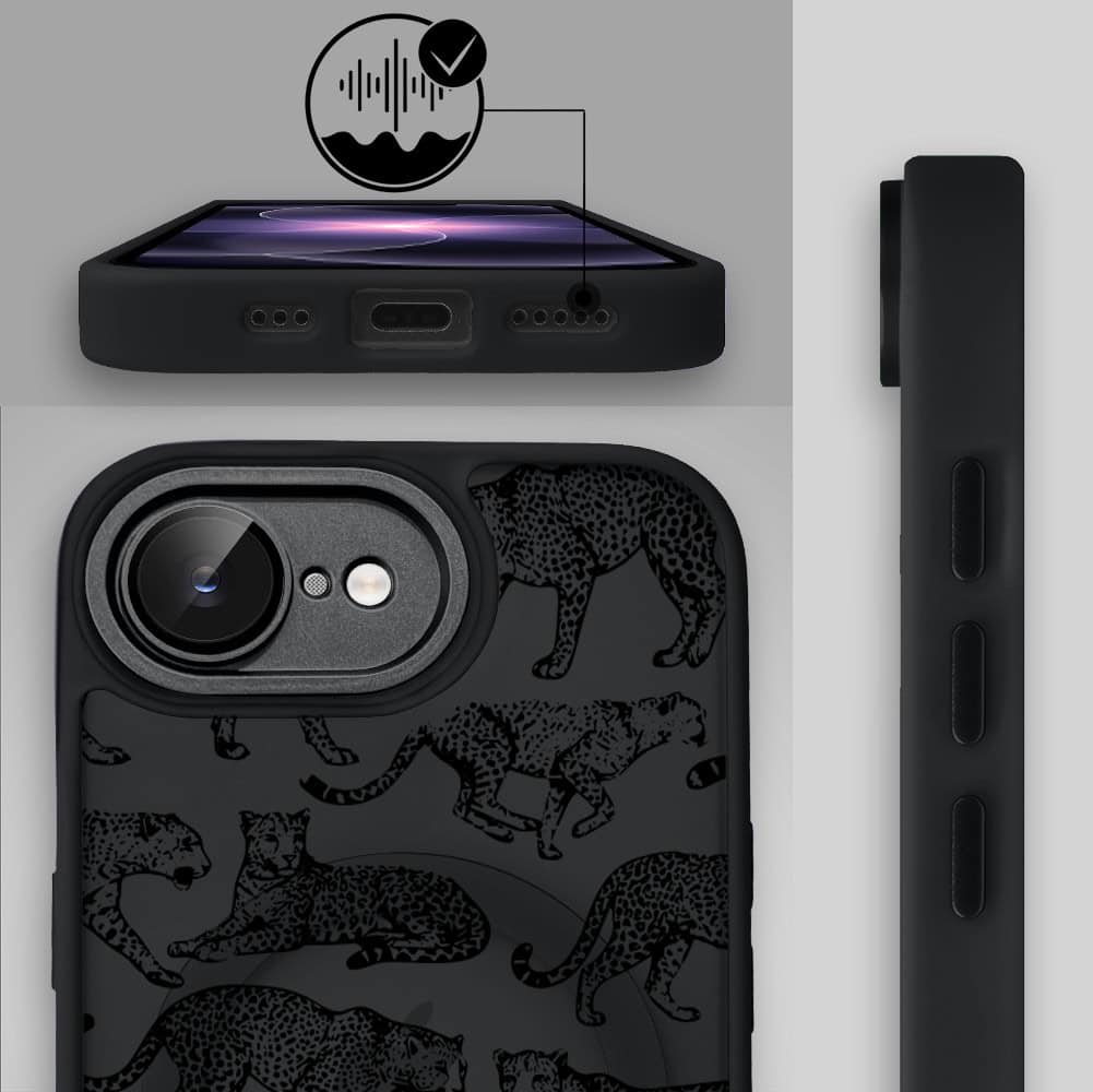 Etui do iPhone 17e Color Flush z MagSafe, z osłoną aparatu, wesołe gepardy, czarne (4)