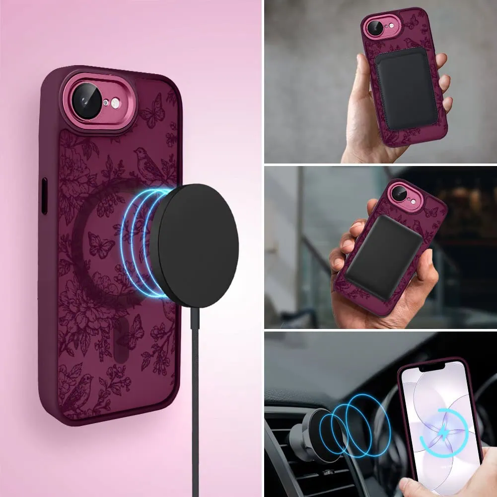 Etui do iPhone 17e, Color Flush z Magsafe, z osłoną aparatu, nocna botanika, wiśniowe (3)