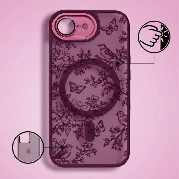 Etui do iPhone 17e, Color Flush z Magsafe, z osłoną aparatu, nocna botanika, wiśniowe (4)