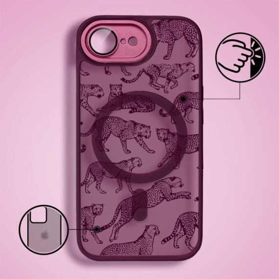 Etui do iPhone 17e, Color Flush z Magsafe, z osłoną aparatu, wesołe gepardy, wiśniowe (1)