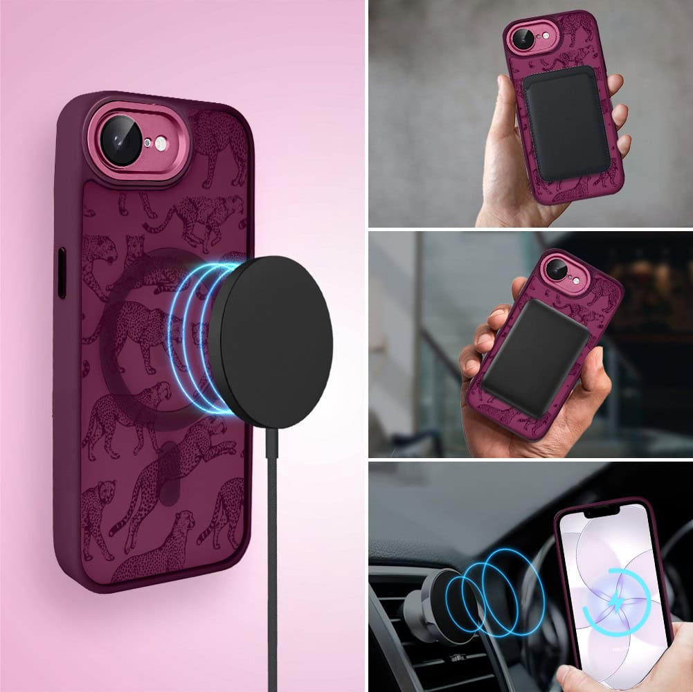 Etui do iPhone 17e, Color Flush z Magsafe, z osłoną aparatu, wesołe gepardy, wiśniowe (2)