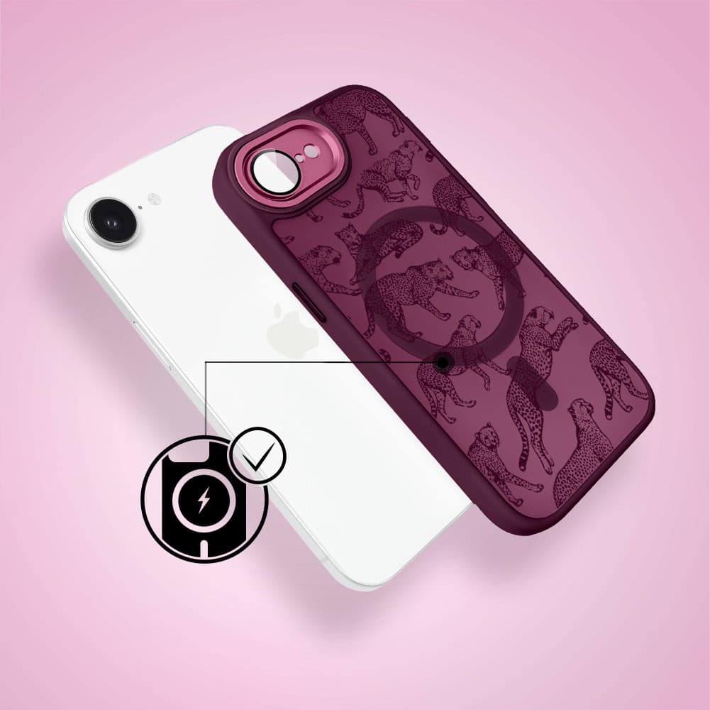 Etui do iPhone 17e, Color Flush z Magsafe, z osłoną aparatu, wesołe gepardy, wiśniowe (3)