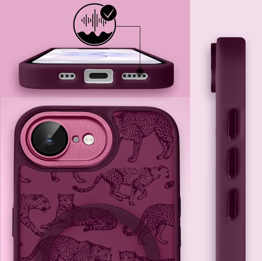 Etui do iPhone 17e, Color Flush z Magsafe, z osłoną aparatu, wesołe gepardy, wiśniowe (5)