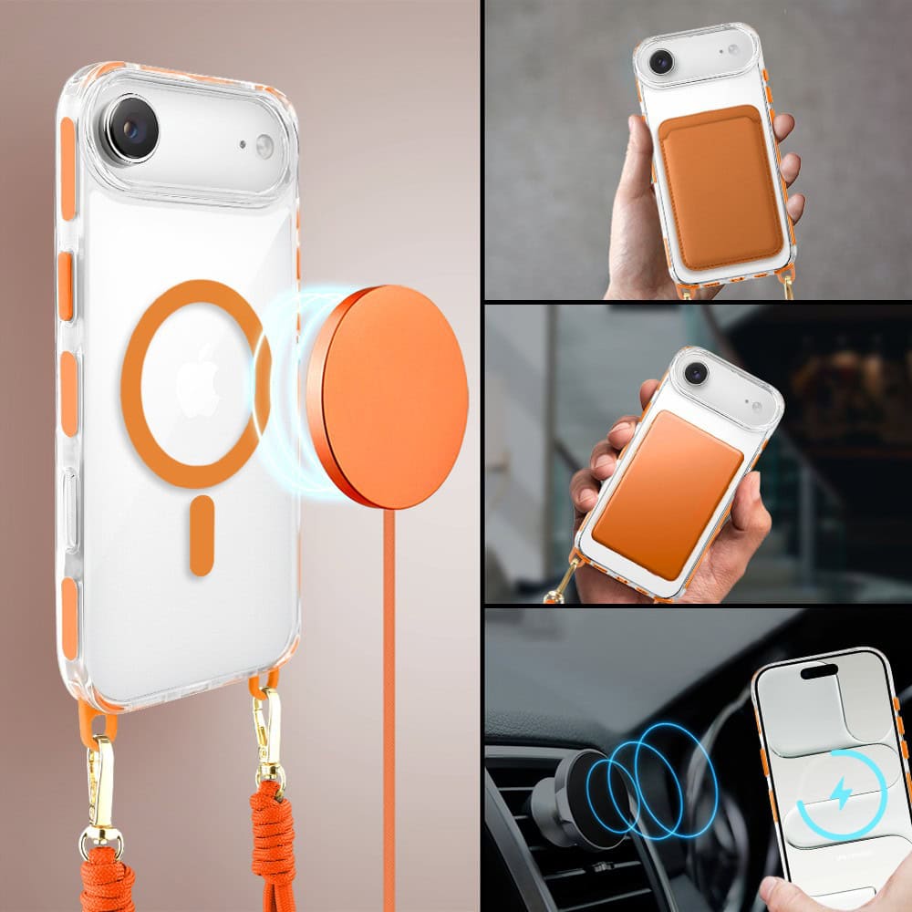 Etui do iPhone Air, MagSafe, ze smyczą, na ramię, crossbody, pomarańczowe (3)