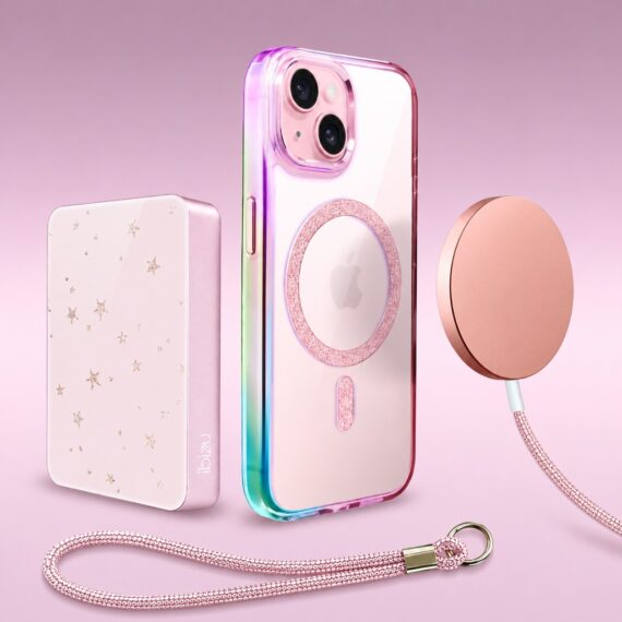 Perfect Match do iPhone 15 – zestaw Glitter Crown + akcesoria, różowy pop (3)