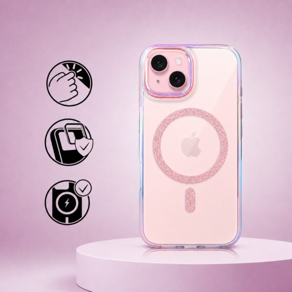 Perfect Match do iPhone 15 – zestaw Glitter Crown + akcesoria, różowy pop4