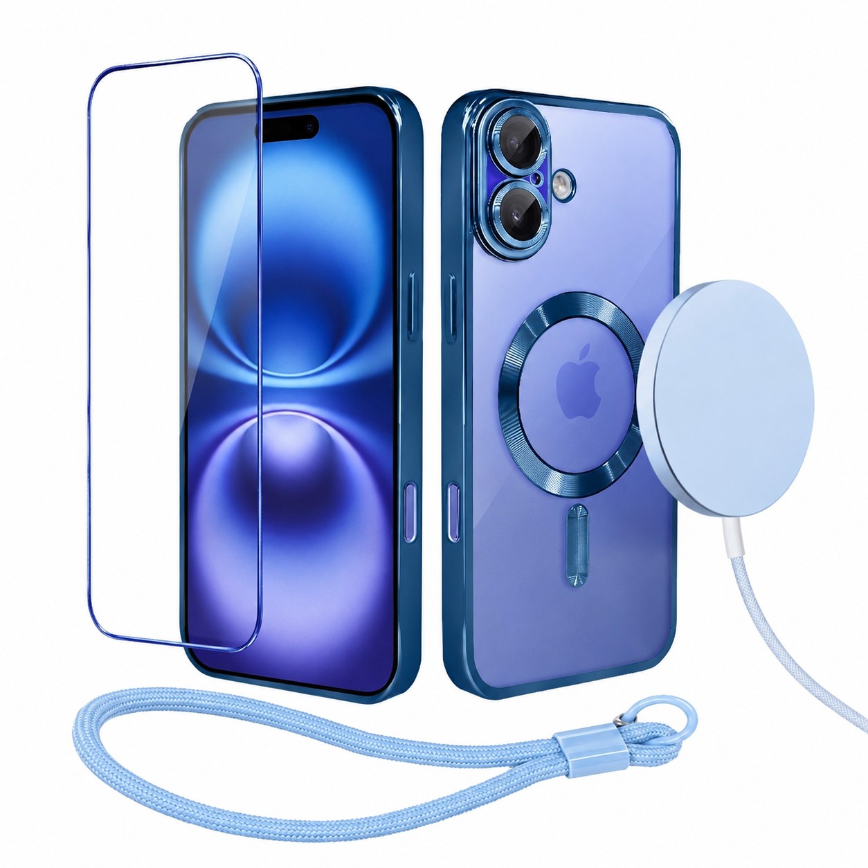 Perfect Match do iPhone 16 Plus – zestaw MagSafe Luxury Protect + akcesoria, niebieski