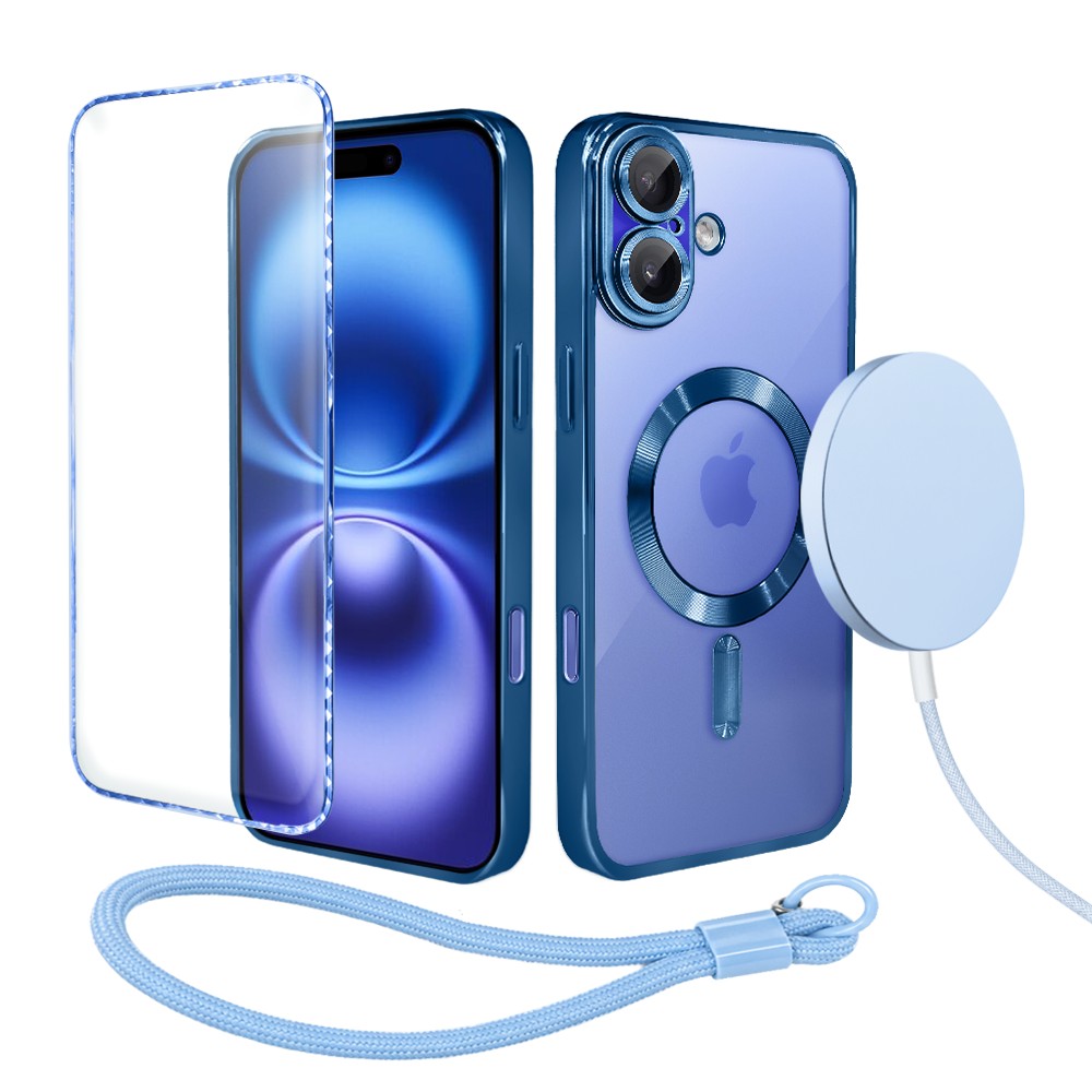Perfect Match do iPhone 16 – zestaw MagSafe Luxury Protect + akcesoria, niebieski