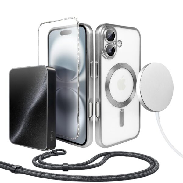 Perfect Match do iPhone 16 – zestaw MagSafe Luxury Titanium Finish + akcesoria, srebrny