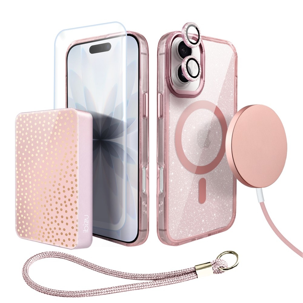 Perfect Match do iPhone 17 – zestaw Super Hybrid Sparkle + akcesoria, różowy