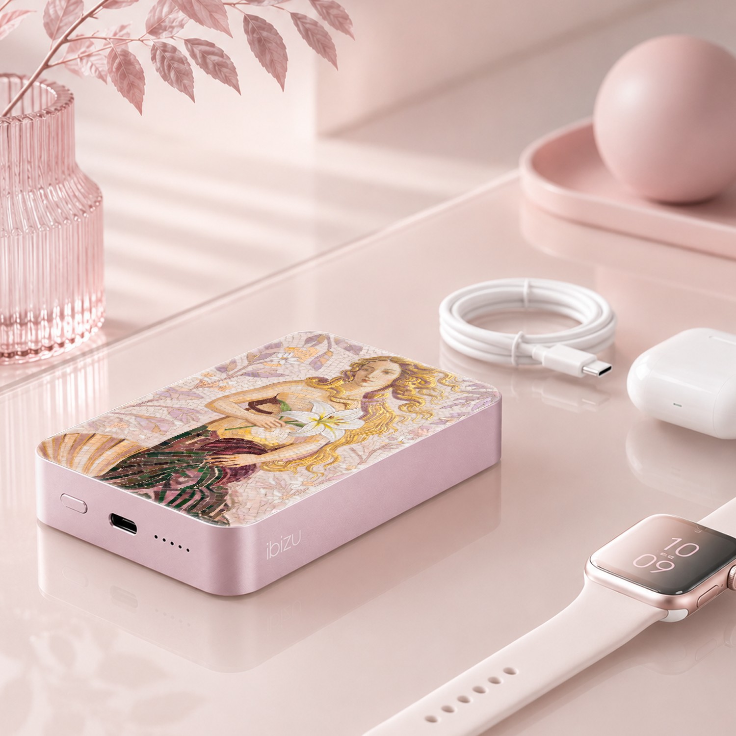 Powerbank IBIZU MagPower 10k do iPhone z MagSafe, solidny, aluminiowy, 10 000 mAh, Narodziny Wenus, różowy (1)