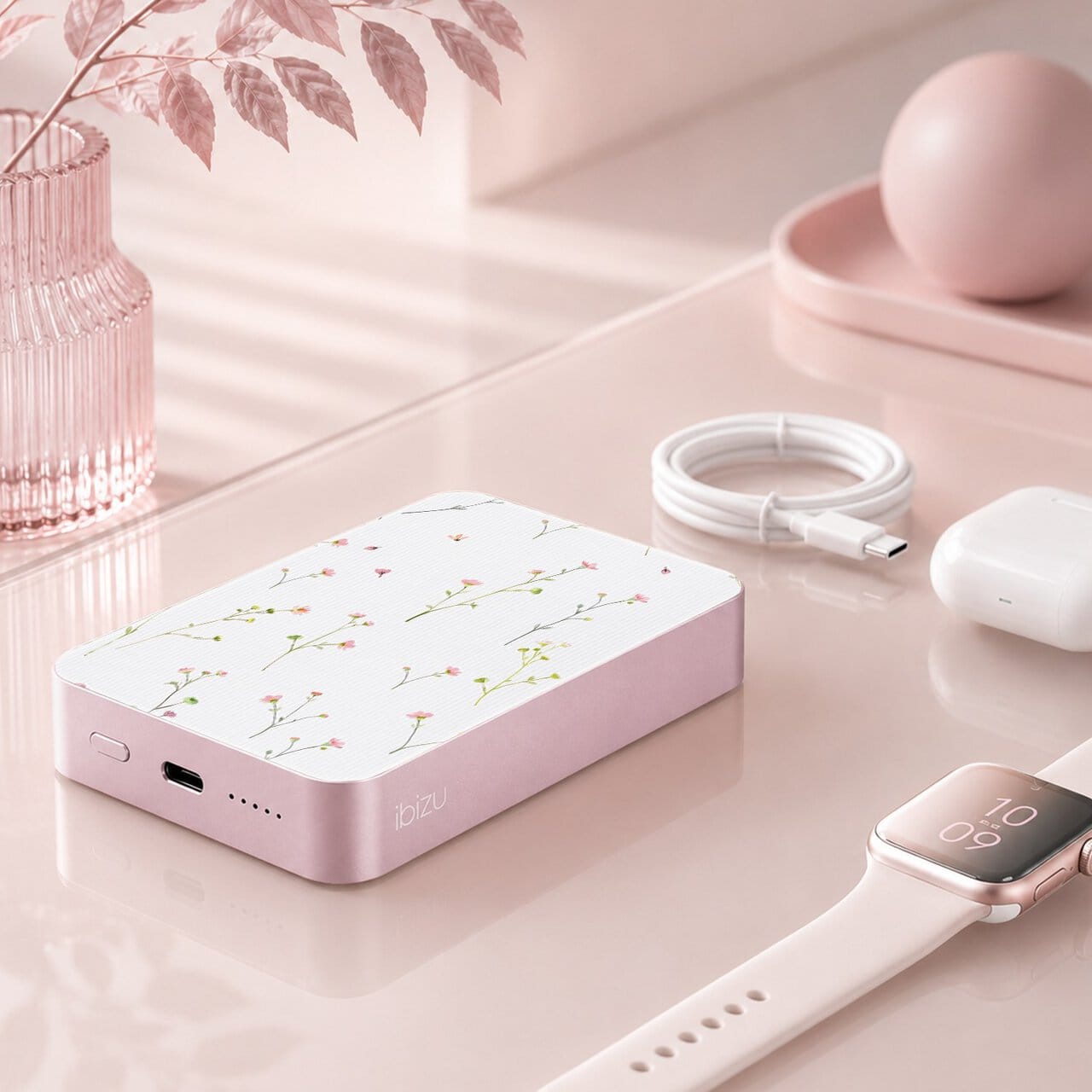 Powerbank IBIZU MagPower 10k do iPhone z MagSafe, solidny, aluminiowy, 10 000 mAh, Polna fantazja, różowy (8)