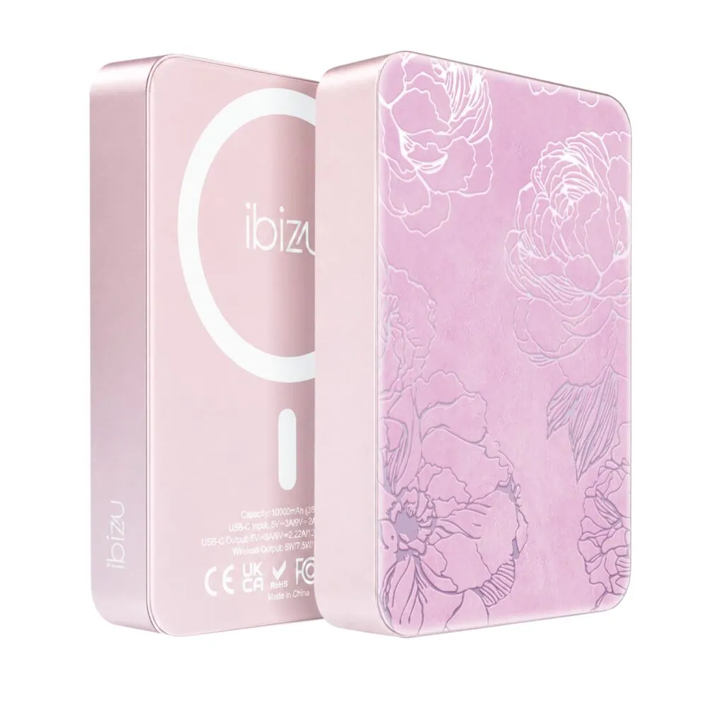 Powerbank IBIZU MagPower 10k do iPhone z MagSafe, solidny, aluminiowy, 10 000 mAh, Różowe piwonie, różowy (1)