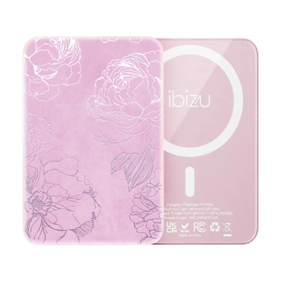 Powerbank IBIZU MagPower 10k do iPhone z MagSafe, solidny, aluminiowy, 10 000 mAh, Różowe piwonie, różowy (2)
