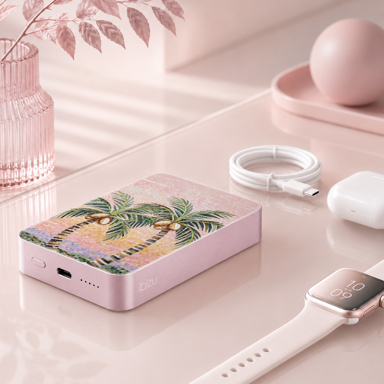 Powerbank IBIZU MagPower 10k do iPhone z MagSafe, solidny, aluminiowy, 10 000 mAh, Sycylijska palma, różowy (8)