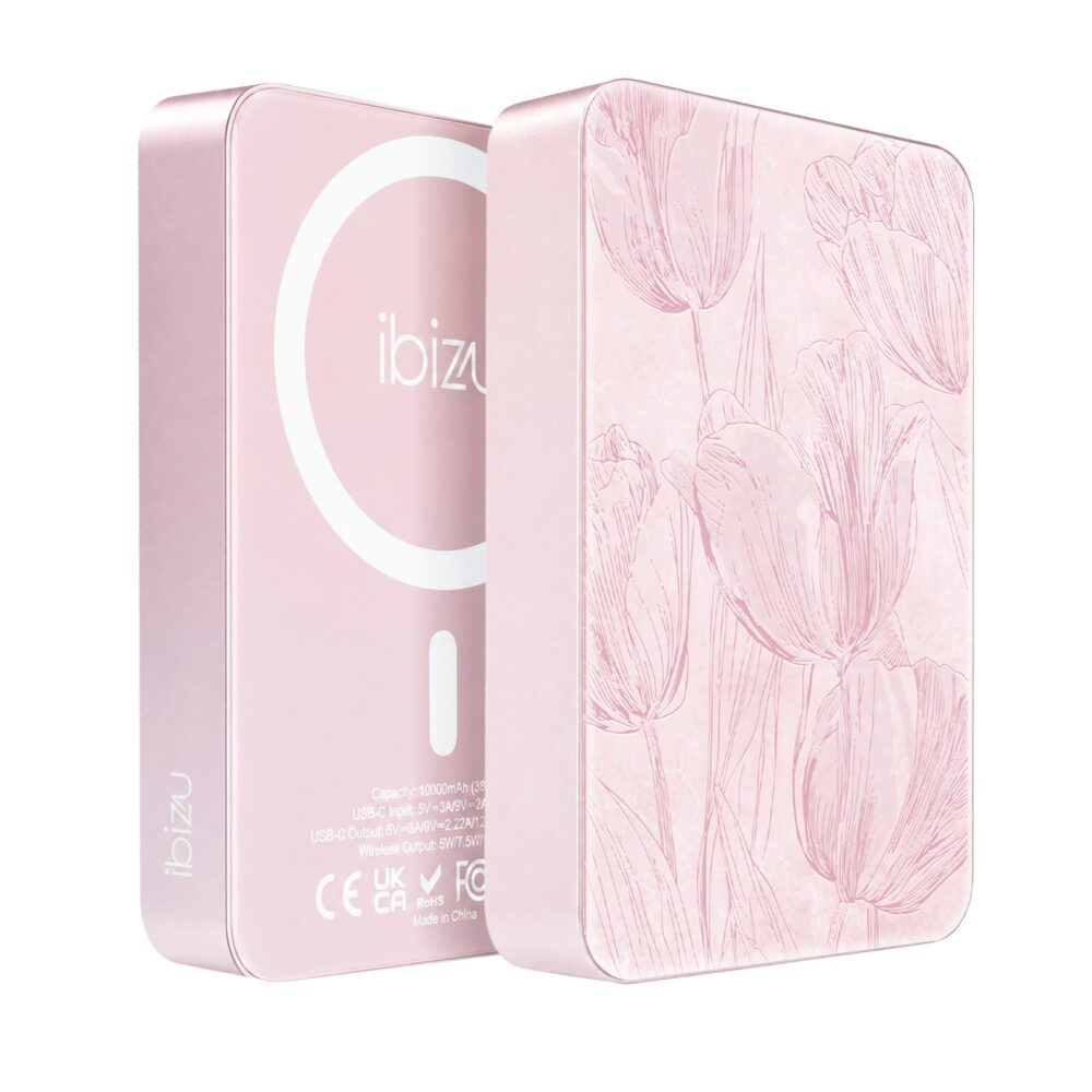 Powerbank IBIZU MagPower 10k do iPhone z MagSafe, solidny, aluminiowy, 10 000 mAh, Tulipanowy fresk, różowy (1)
