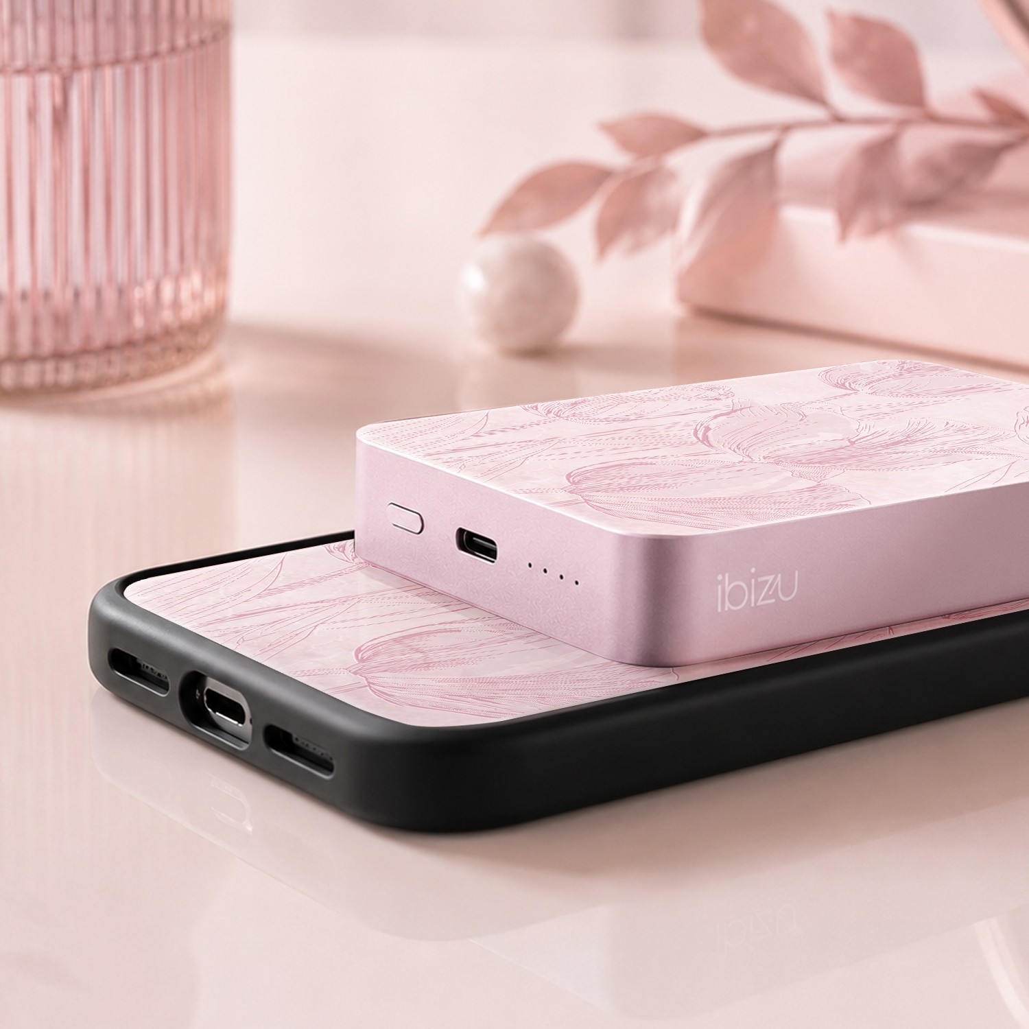 Powerbank IBIZU MagPower 10k do iPhone z MagSafe, solidny, aluminiowy, 10 000 mAh, Tulipanowy fresk, różowy (7)