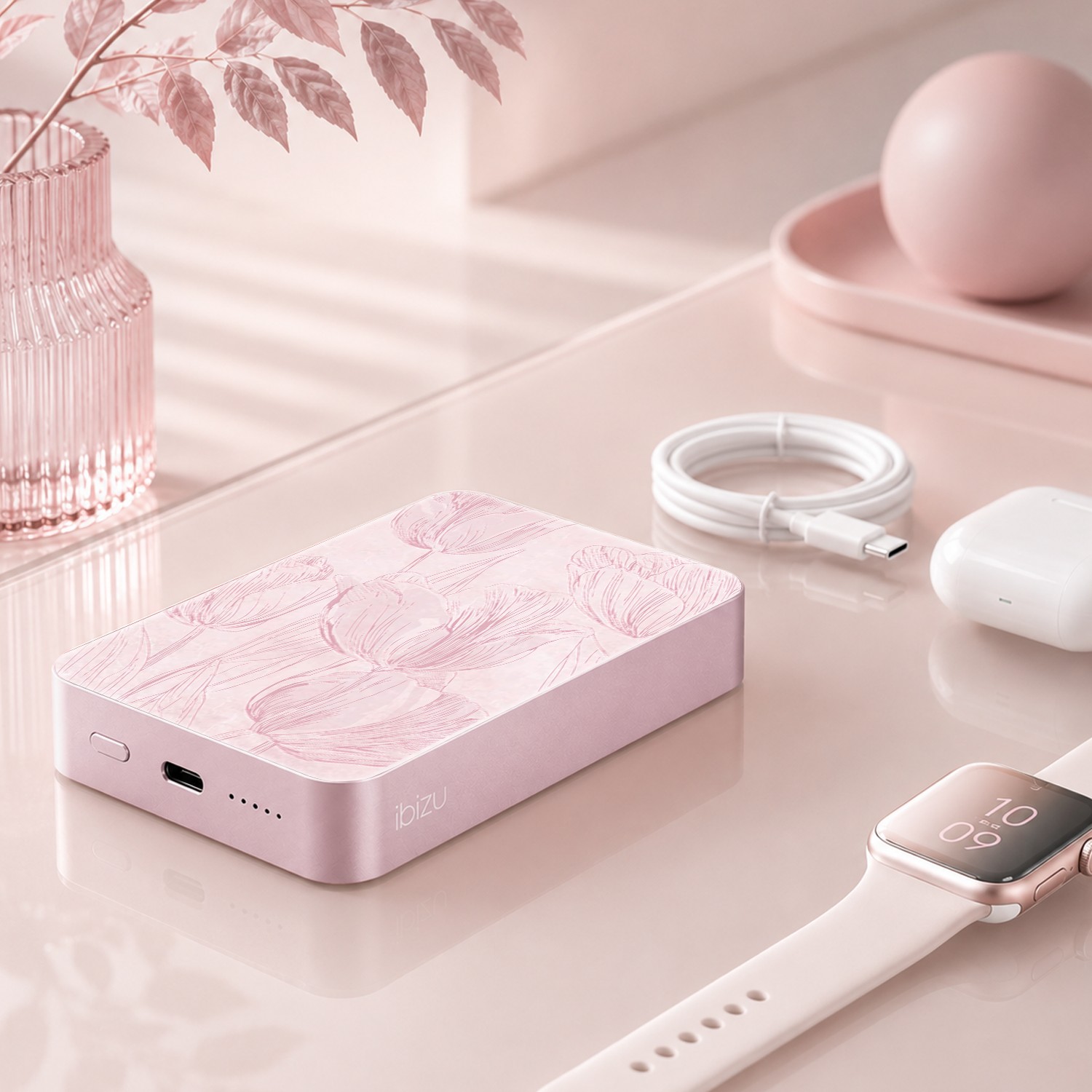 Powerbank IBIZU MagPower 10k do iPhone z MagSafe, solidny, aluminiowy, 10 000 mAh, Tulipanowy fresk, różowy (8)