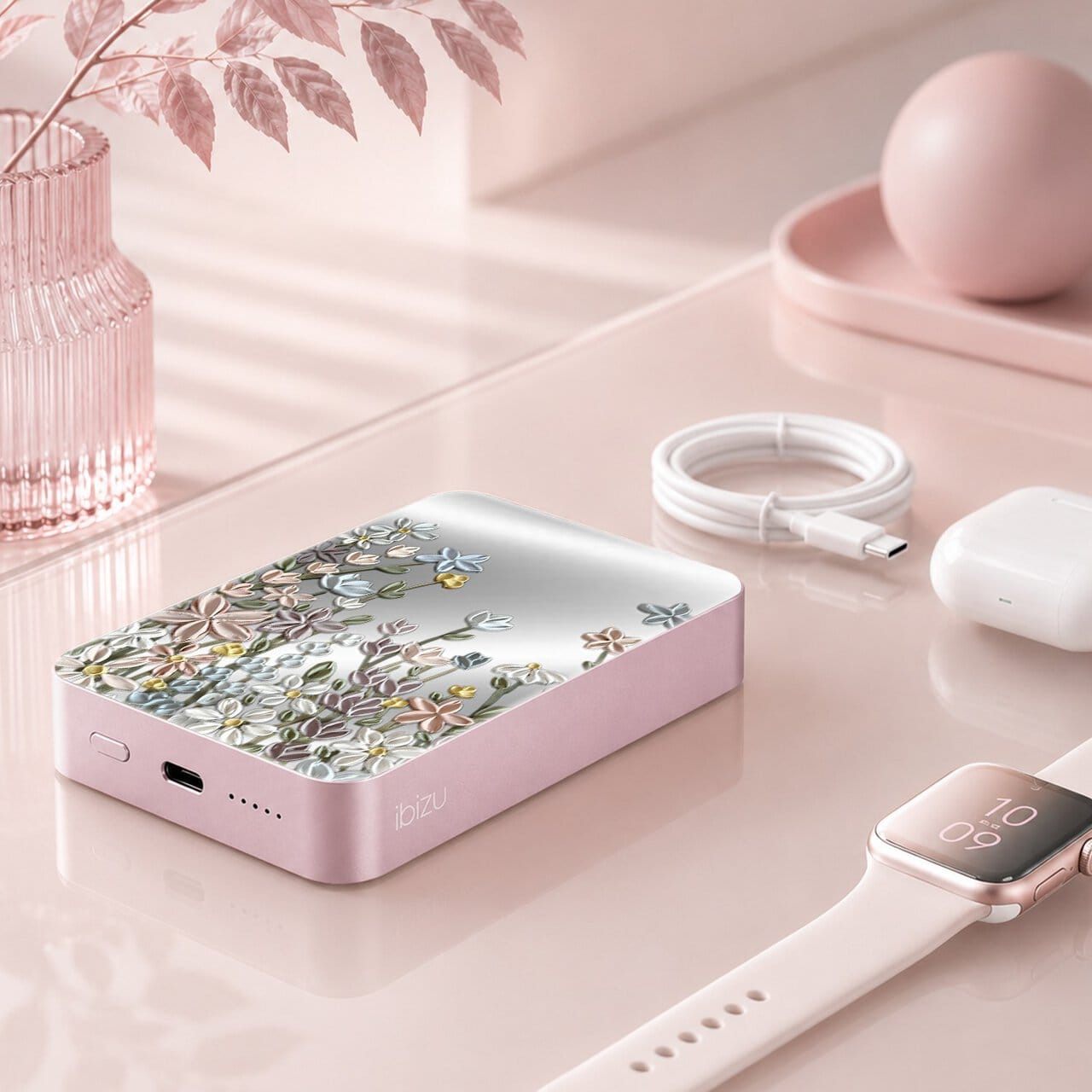 Powerbank IBIZU MagPower 10k do iPhone z MagSafe, solidny, aluminiowy, 10 000 mAh, Wiosenna łąka, różowe (2)