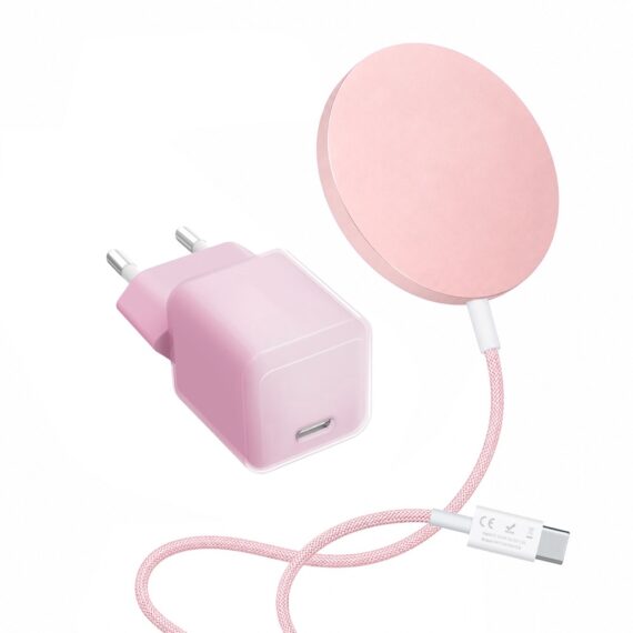 Różowy zestaw ładowarka magnetyczna do MagSafe z ładowarką sieciową do szybkiego ładowania