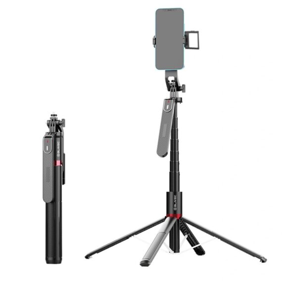 Statyw, uchwyt do selfie, rozkładany, selfie stick z lampą LED, 220 cm, czarny (3)